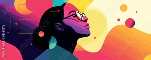Colorful abstract portrait of a young woman with glasses looking up in a vibrant background.