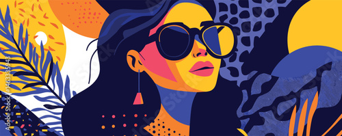 Vibrant abstract illustration of a woman with sunglasses in a colorful artistic setting.