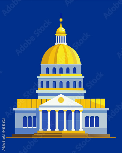 The majestic dome of a historical government building softly aglow with energyefficient solar lights.. Vector illustration