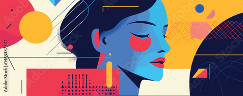 Colorful abstract portrait of a woman: modern geometric art with bold shapes and contrasting colors.