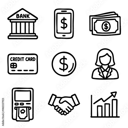 A set of doodle line icons representing banking and finance concepts such as credit cards, currency, ATM, handshake, and business