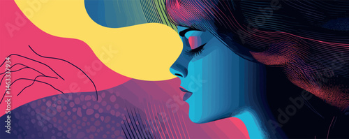 Abstract portrait of woman with colorful geometric patterns and dreamy expression.