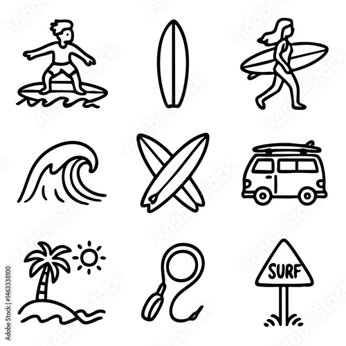 A set of doodle line icons themed around surfing and beach life, featuring surfboards, waves, van, island, surfers, and surf leash