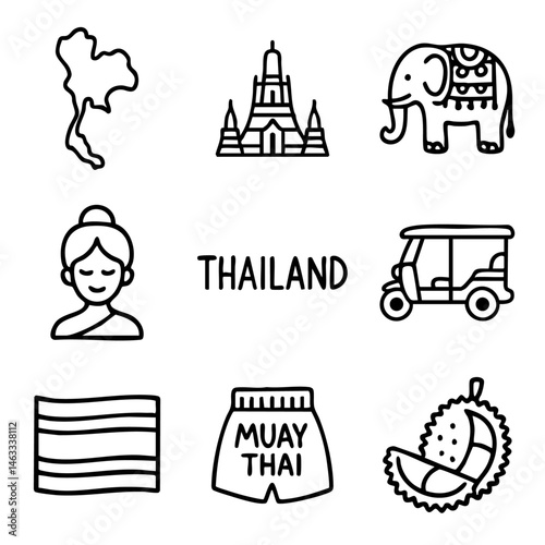 A set of doodle line icons representing Thailand with elements like temples, tuk tuk, elephant, Muay Thai shorts, and durian fruit