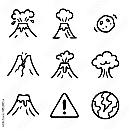 A set of doodle line icons depicting volcano eruptions, lava flow, explosions, earthquake, warning sign, and cracked earth imagery