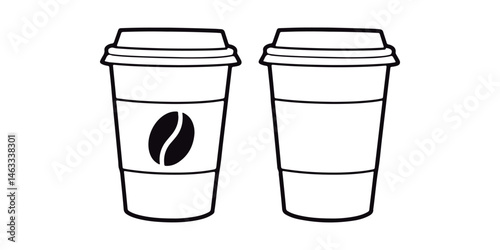 Black and White Disposable Coffee Cup Illustration Set. Takeaway Coffee Cup Outlines with and without Bean.
