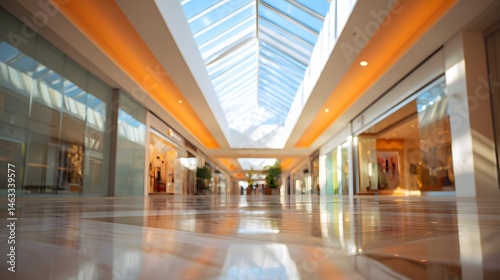 Empty corridor of a modern shopping mall with minimalistic architecture, natural daylight through skylights, clean linear perspective, soft blurred background, tranquil and spacious interior concept