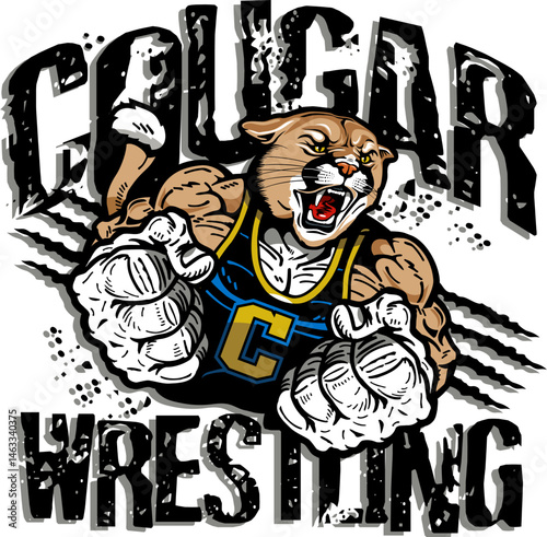  muscular cougar mascot wearing wrestling singlet for school, college or league sports