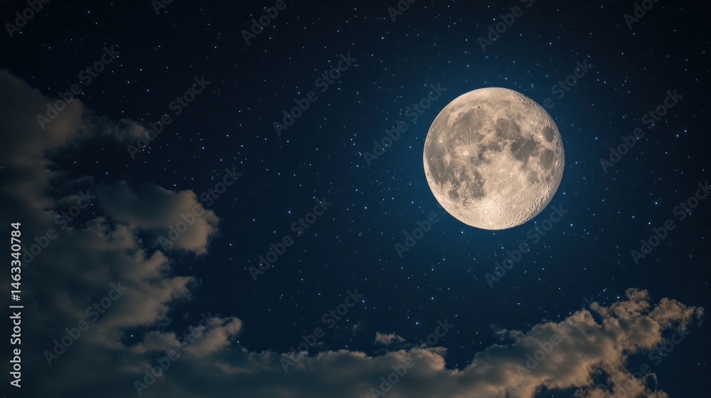Naklejka premium Serene lunar brilliance amidst scattered stars and ethereal clouds