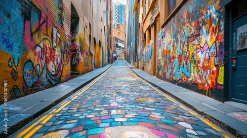 Urban vibrancy captured in a narrow laneway with colorful street art murals