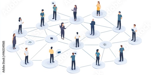 Global Network Collaboration: Illustrative Representation of Interconnected People and Communication Pathways in a Modern Business Setting