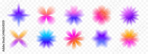 Colorful blurred gradient flowers collection. Bright blurry floral aura shape set. Fading abstract elements for poster, template, badge, sticker, collage. Vector iridescent smooth flower pack