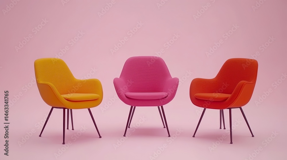 Obraz premium Minimalist office reception area with colorful chairs