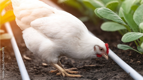 Farm chicken pecking in eco garden amidst lush green rows for sustainable agriculture