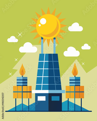 Sunlight is transformed into powerful cooling capabilities as the solar panels feed energy to the towering cooling structures.. Vector illustration