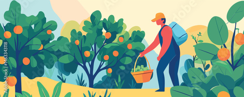 Farmer harvesting oranges in vibrant orchard landscape illustration.