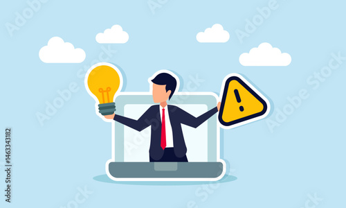 Businessman Emerging from Laptop Holding Exclamation Mark and Lightbulb Representing Caution in Applying Business Ideas
