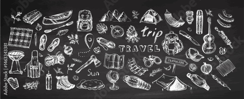 Hand drawn vintage sketch of camping, travelling and grilling elements including tent, backpack, fire, food and hiking tools on chalkboard background