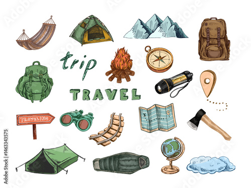 Hand drawn vintage sketch of colorful camping and hiking gear with backpacks, tents, compass, axe and travel icons, outdoor adventure set