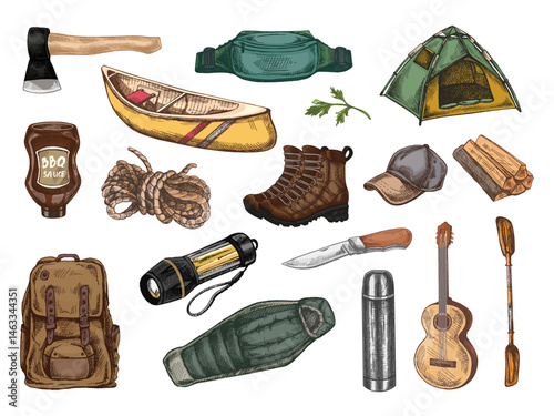 Hand drawn vintage sketch of colorful camping gear including tent, canoe, knife, flashlight, boots and guitar, isolated outdoor travel set