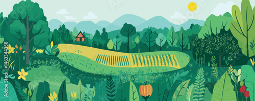 Lush green hillside landscape with farmhouse and vibrant plants under sunny sky.