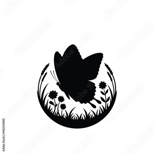 Black silhouette illustration of a butterfly fluttering over a floral landscape in a circular design