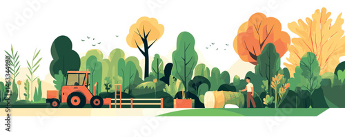 Autumn forest landscape with tractor and man logging trees in vibrant foliage.