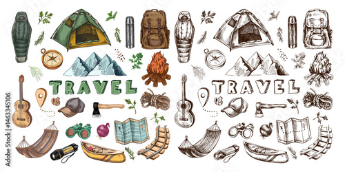Hand drawn vintage sketch of hiking and camping icons in color and monochrome versions including tent, campfire, guitar and travel equipment isolated