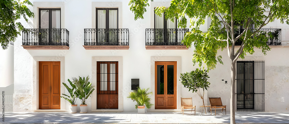 Fototapeta premium White Row Houses With Brown Doors And Green Trees