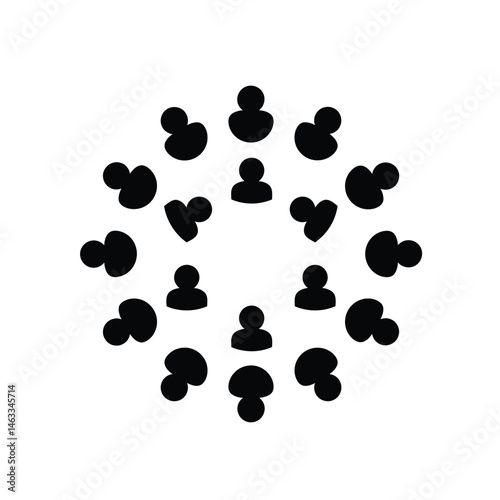 Abstract representation of people and connections organized in a circular geometric formation