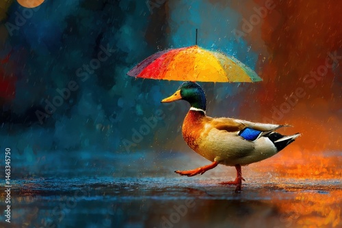Colorful duck under umbrella in a rainy scene.