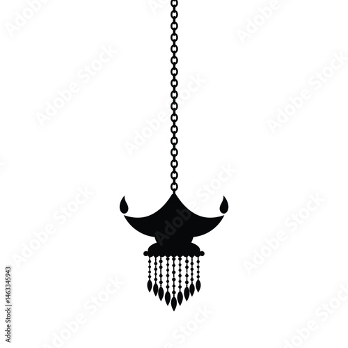 Elegant black silhouette of a hanging indian diya lamp with chain and dangling elements