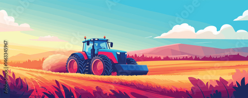 Vibrant tractor plowing field under sunny skies with rolling hills and clouds in background.