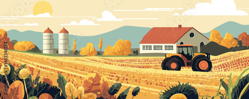 Tranquil autumn farm landscape with tractor, silos, and harvested fields under a sunny sky.