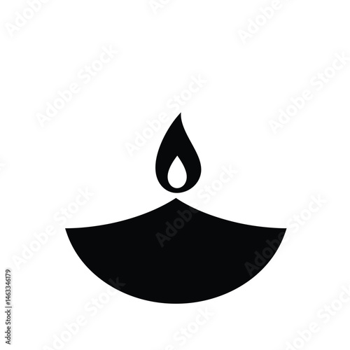 Black and white minimalist graphic representation of a traditional indian diya lamp with flame
