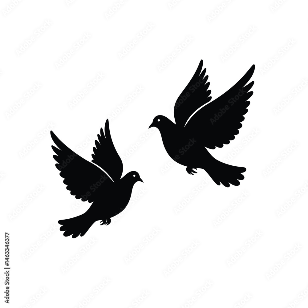 Fototapeta premium Silhouette of two black pigeons flying isolated on a clean white background perfect for designs