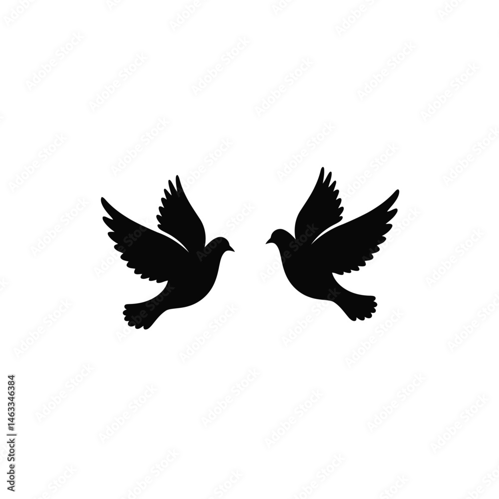 Fototapeta premium Two black silhouette doves flying towards each other isolated on white background