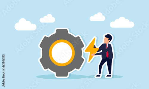 Businessman Holding Electricity Icon Beside Gear Representing Power Generation System