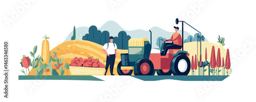Farm workers harvesting crops with tractor in vibrant agricultural landscape.