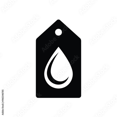 Black and white water drop icon on a tag representing freshness and eco awareness
