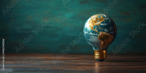 Light bulb shaped like planet Earth symbolizes environmental consciousness on a dark backdrop. Header banner mockup with copy space.