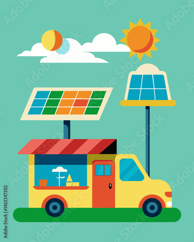 Instead of the loud hum of generators the street is filled with the quiet hum of the solar panels powering the food carts.. Vector illustration