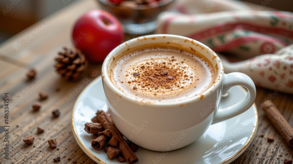 Warm Coffee Mug with Cinnamon and Apple on Rustic Wooden Table in Cozy Autumn Setting Warm Coffee Mug with Cinnamon and Apple on Rustic Wooden Table in Cozy Autumn Setting