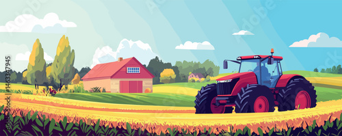 Red tractor in a sunny countryside farm field with barn and blue sky.