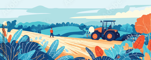 Farmer walking and tractor in vibrant countryside landscape with rolling hills and lush foliage.