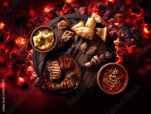 A South African braai setup with grilled meats, chakalaka, and pap, isolated bold ember red background, flame-kissed and rugged with festive communal energy