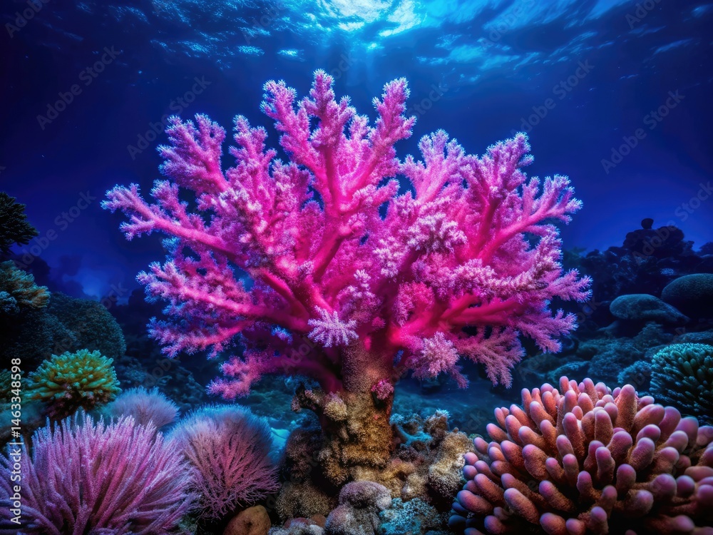 Obraz premium Stunning Underwater Coral Reef, Vibrant Pink Coral, Crystal Clear Ocean Water, Marine Life, Ocean Photography, Night Dive, Underwater World, Beautiful Coral