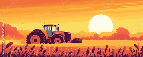 Tractor in sunset field with silhouette plants and vibrant orange sky.