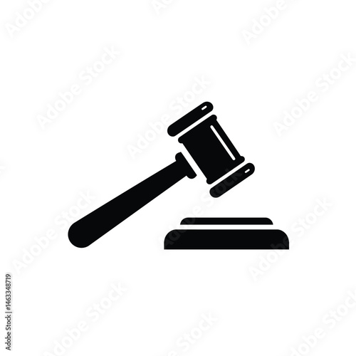 Black and white graphic illustration of a judge's gavel and sound block isolated on white
