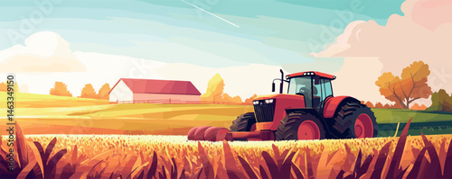 Red tractor on a sunny farmfield with barn and crops in the background.
